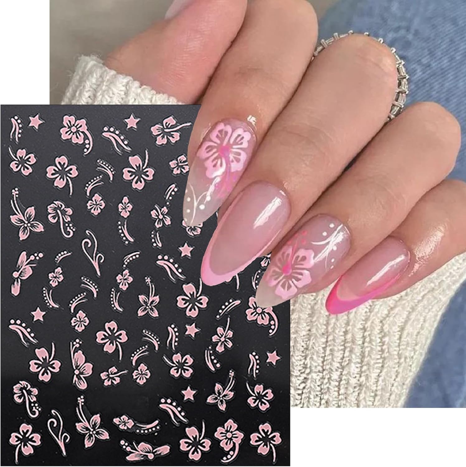 8 Sheets 3D Colored Flower Nail Stickers Summer Hibiscus Nail Decals 3D Self-Adhesive White Pink Gold Flower Pattern Women's Nail Art Supplies Decoration Accessories-Velvo Beauty