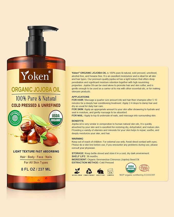 Yoken USDA Organic Jojoba Oil Cold Pressed 8 fl oz, 100% Pure & Natural Unrefined Jojoba Oil for Face Hair & Skin Massage, Hexane Free, Deeply Moisturizing Body Carrier oils Multi-Purpose Serum-Velvo Beauty