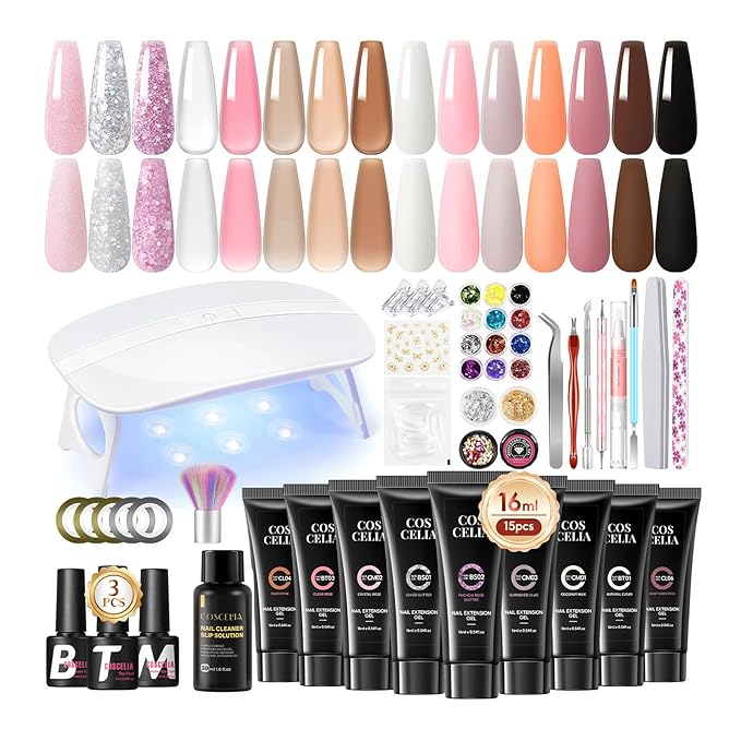 44PC Poly Nail Gel Kit with U V Lamp Starter Kit, 16ML 15 Colors Poly Extension Gel with Light Slip Solution Nail Rhinestones Glitter Decoration Powder Nail Art Kit for Beginners Gifts for Women-Velvo Beauty