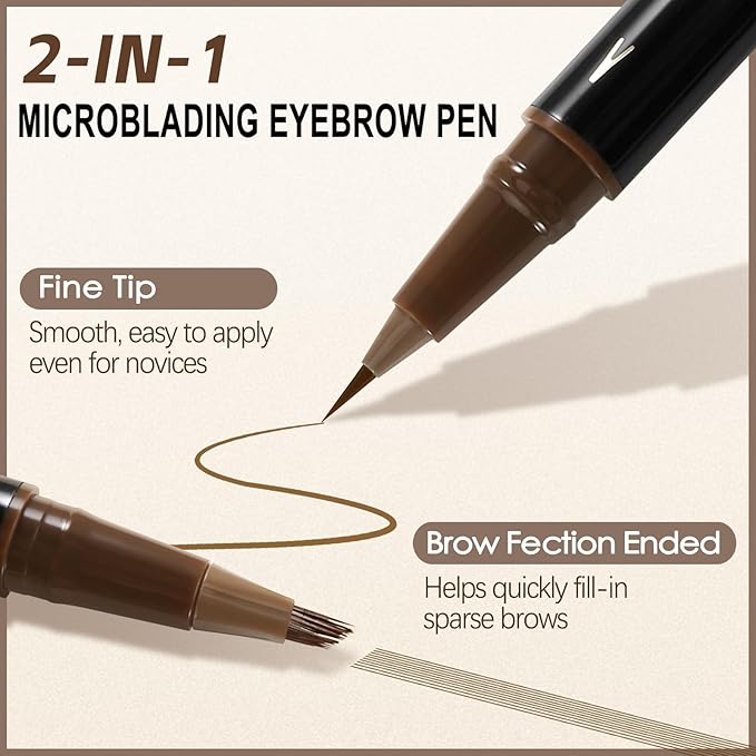 Boobeen 2pcs Waterproof Eyebrow Pen，Dual-Ended Eyeliner Microblading Eyebrow Pencil for Women，Long Lasting Hair-Like Brow Pen with Brow Brush，Dark Brown-Velvo Beauty