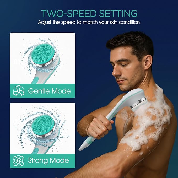 VOYOR Electric Silicone Body Scrubber, Back Scrubber for Shower, Waterproof Long Handle Body Brush, Rechargeable Power Bath Brush for Cleansing, Exfoliating, Massaging Skin BC100 (Blue)-Velvo Beauty