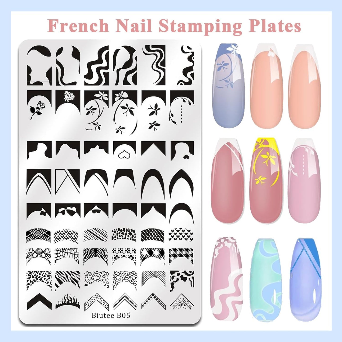 Biutee Nail Stamping Plates Set 2 PCS Large Plate 110 Patterns Nail Art Stamper Scraper Nail Stamp Template Kit French Line Lace Flower Design Masnicure Plates-Velvo Beauty