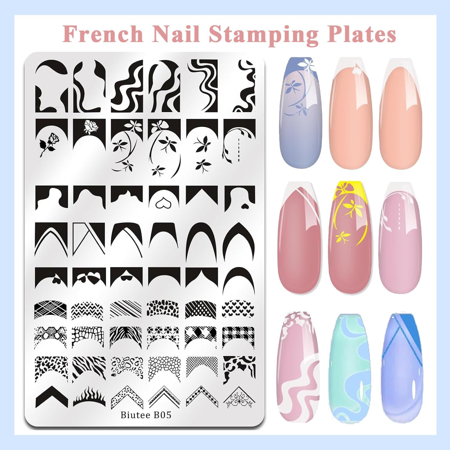 Biutee Nail Stamping Plates Set 2 PCS Large Plate 110 Patterns Nail Art Stamper Scraper Nail Stamp Template Kit French Line Lace Flower Design Masnicure Plates-Velvo Beauty