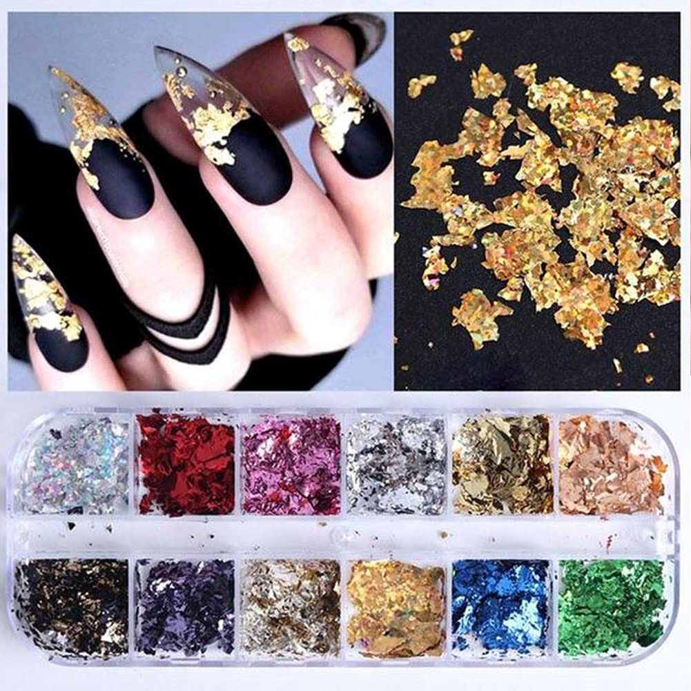 Gold Nail Art Glitter & Sequins Holographic Irregular Foil Sticker 3D Glitter Foil Flakes Decals - 12 Colors-Velvo Beauty