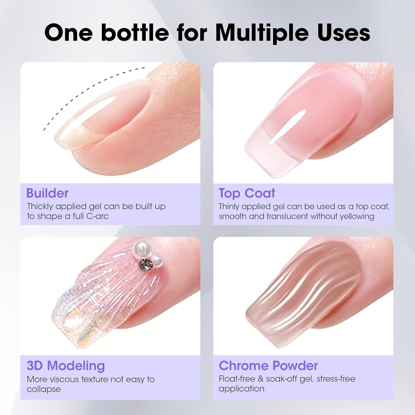 GELLEN 4 in 1 Builder Nail Gel & Gel Top Coat in a Bottle, 20ml Amethyst Builder Top Coat for Apex Building, 3D Nail Arts and Chrome Nails-Velvo Beauty