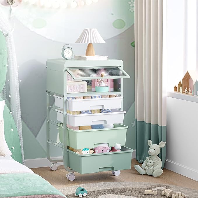 Utility-Rolling-Storage-Drawer-Craft-Cart-Organizers with 4 Drawers & Dust-proof Door for Kid Craft Art Room,Bedroom,Home Office, 4 Tiers Drawer cart, Green-Velvo Beauty