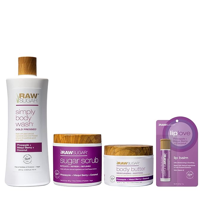 Raw Sugar Pineapple + Coconut + Maqui Berry Body Love Bundle - Body Wash, Body Scrub, Body Butter & Lip Balm, Clean, Made with Plant-Derived Ingredients, Formulated without Sulfates and Parabens-Velvo Beauty
