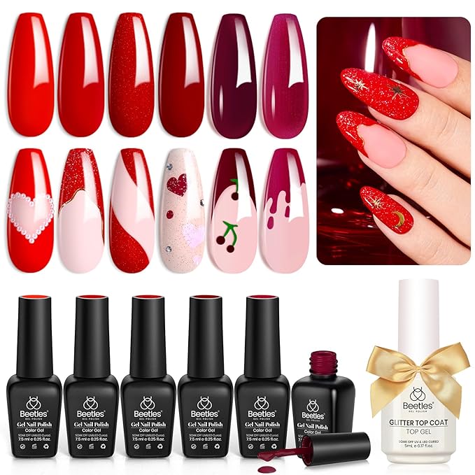 Beetles Red Gel Nail Polish Set with Top Coat, 6 Colors Popular Shimmer Red Burgundy Gel Polish Kit Nail Art Design Soak Off Uv LED Minicure DIY Home Gifts for Women-Velvo Beauty