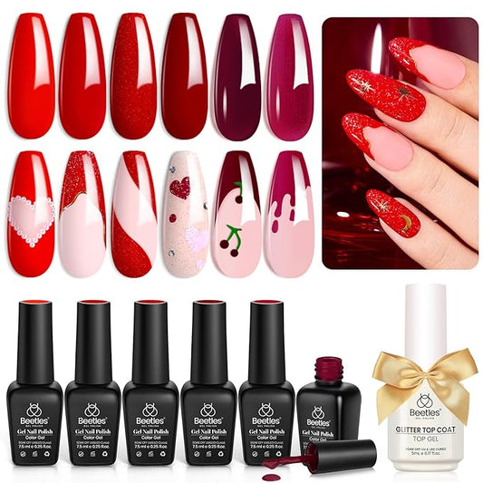 Beetles Red Gel Nail Polish Set with Top Coat, 6 Colors Popular Shimmer Red Burgundy Gel Polish Kit Nail Art Design Soak Off Uv LED Minicure DIY Home Gifts for Women-Velvo Beauty
