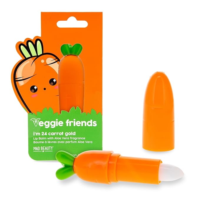 Mad Beauty Veggie Friends Carrot Lip Balm | Aloe Vera Scent | Cute and Moisturizing Lip Care | Cruelty-Free | Gift for Beauty Lovers-Velvo Beauty