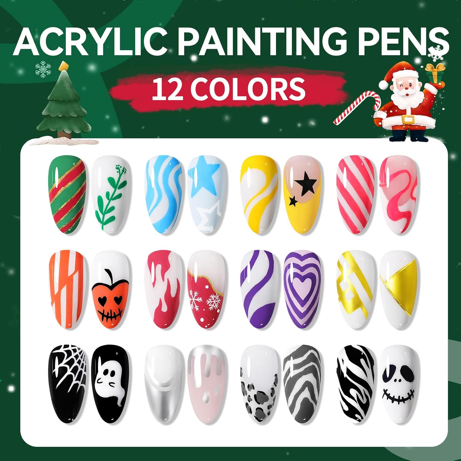 Born Pretty 12 Colors Nail Art Pens Set, Halloween Black White Orange Purple Colors 3D Acrylic Nail Polish Pens Quick Dry Nail Markers for Halloween Drawing Painting Dotting Pen DIY Manicure Tools-Velvo Beauty