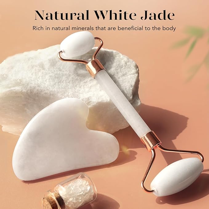 BAIMEI Jade Roller & Gua Sha Set Face Roller and Gua Sha Facial Tools for Skin Care Routine and Puffiness, Self Care Gift for Men Women - White-Velvo Beauty