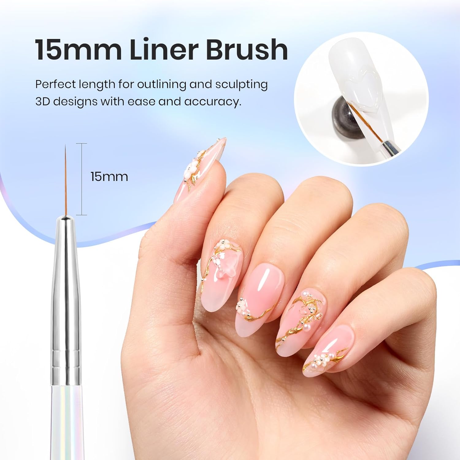 Beetles 3D Nail Art Brushes, Dual-ended Silicone Manicure Tool, Gold Chrome Nail Powder, 15mm Liner Brush, Dotting Tool with Flowers Bowknot Mold, Pearls, for 3D Manicure Design Carving Drawing Effect-Velvo Beauty