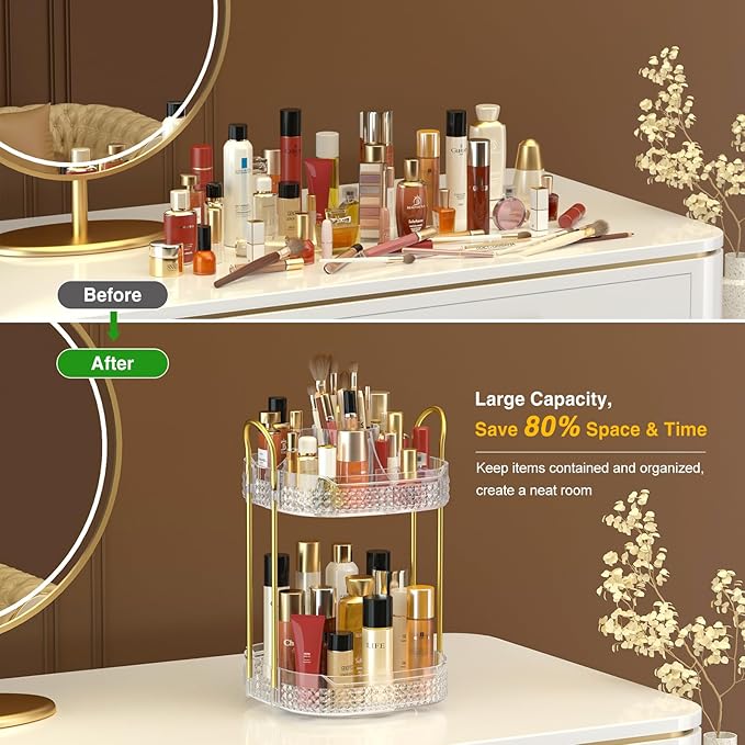 Awenia Rotating Makeup Organizer 360, Stackable Adjustable Large Capacity Cosmetic Storage Unit,Dresser Bathroom Kitchen Countertop Organizer with Metal Handle, Plus Size (Clear, 2 Tier)-Velvo Beauty