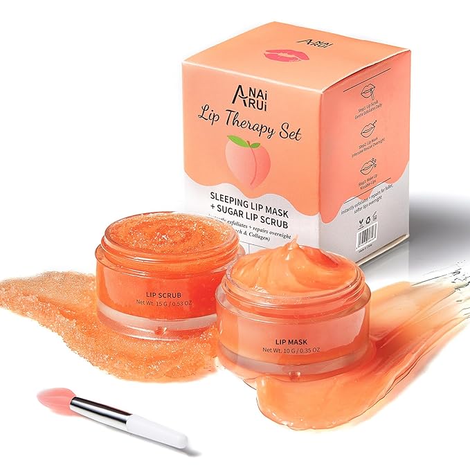 ANAI RUI Lip Balm Mask & Lip Scrub Set, Lip Care Kit, Overnight Lip Treatment with Lip Sleeping Mask & Sugar Lip Exfoliator Scrub, Lip Moisturizer for Dry, Chapped, Dark Lips, Reduce Fine Lines, Peach-Velvo Beauty