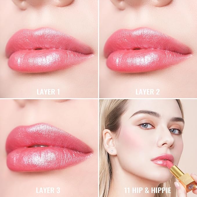 Oulac Pink Lipstick for Women with Metallic 3D Shine Lightweight Hydrating Formula, High Impact Lip Color, Vegan Beauty, Full Coverage Lip Makeup, Christmas Gifts for Women, Hip & Hippie(11)-Velvo Beauty