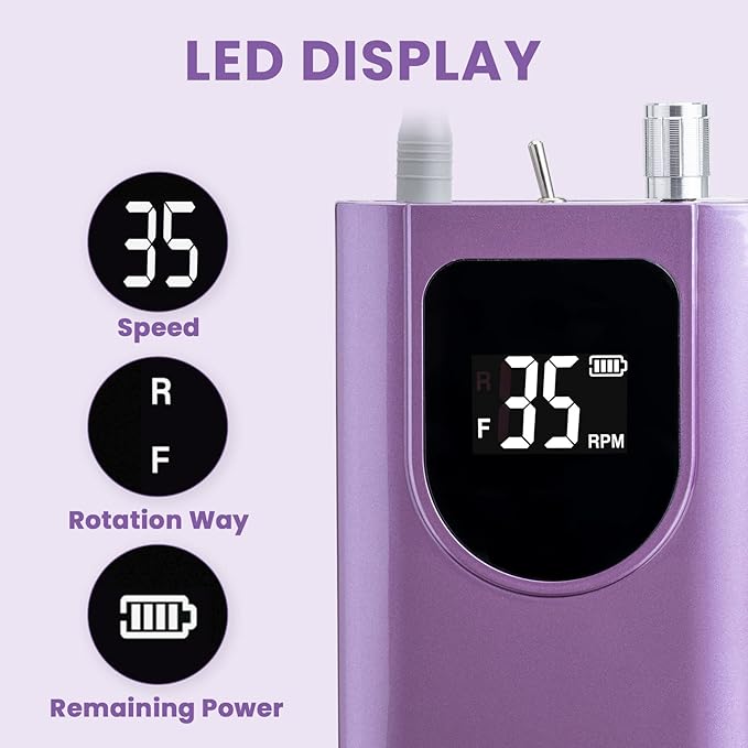 Delanie Professional Nail Drill High Torque 35000 RPM Rechargeable Portable Electric Nail File Filer for Acrylic Gel with Cuticle Bits, Salon Manicure Tool, Purple-Velvo Beauty