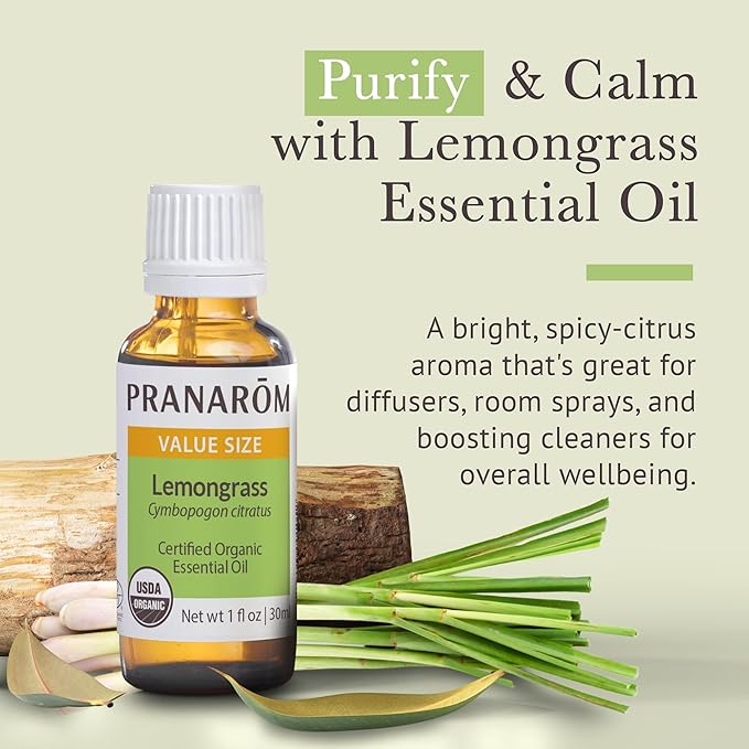 Pranarom USDA Certified Organic Lemongrass Essential Oil (30ml), 100% Pure Undiluted Therapeutic Grade from India for Aromatherapy, Diffuser, Meditation, Massage, Relaxation, Citrus - Lemon-Velvo Beauty