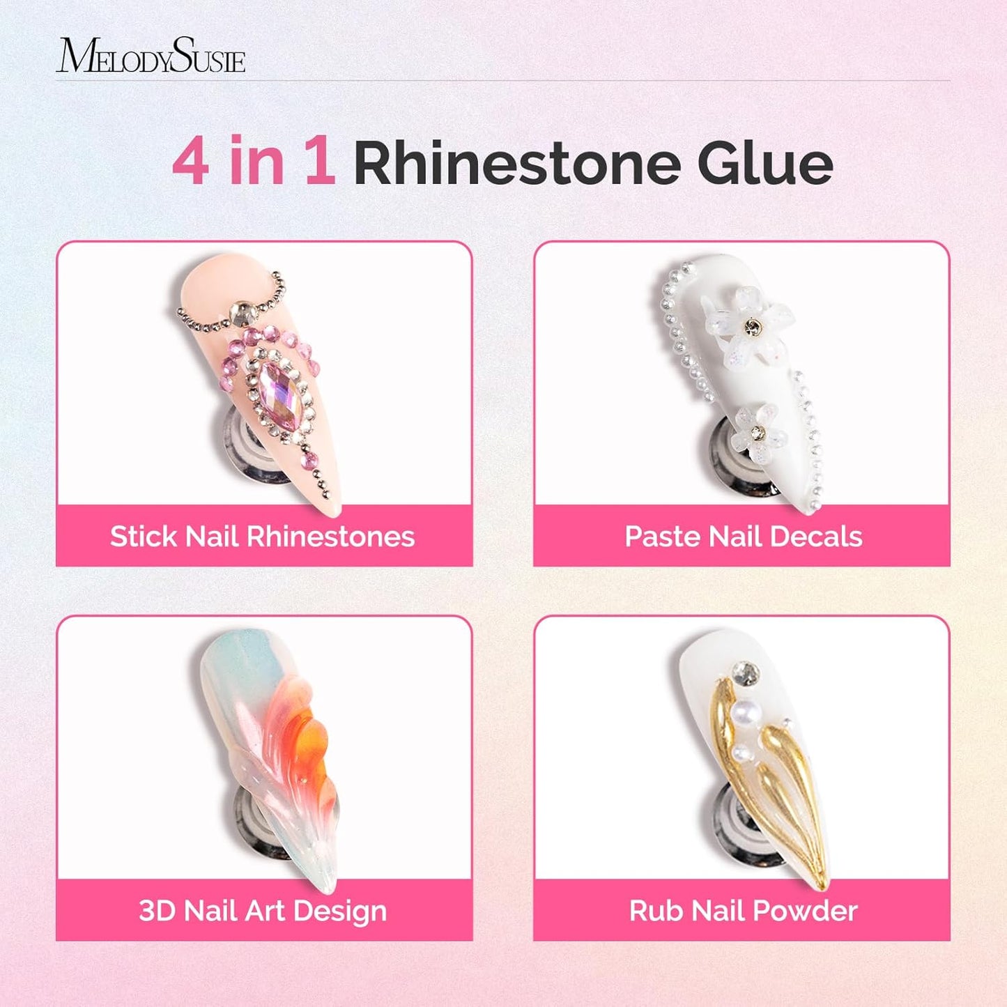 MelodySusie 2Pcs Nail Rhinestone Glue, 3D Gel Nail Art Design Strong Adhesive Nail Gem Glue for Nail Charms Gems Jewelry Decoration DIY Manicured at Home Cured Need Beauty Gifts for Women-Velvo Beauty