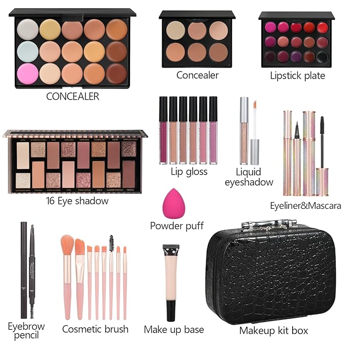 All In One Makeup Kit For Girls Gift, Makeup Kit For Women Full Kit Includes Sponge Eyeshadow Liquid Lipstick Concealer Eyeliner Eyebrow Makeup Bag-Velvo Beauty