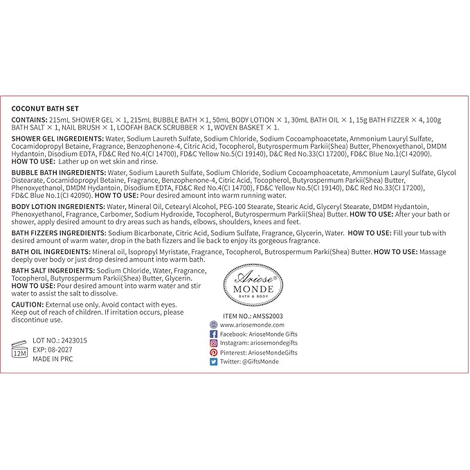 Bath & Shower Spa Basket Gift Set, Coconut Scent, with Shower Gel, Bubble Bath,Body Lotion, Bath Bomb,Bath Salt, Bath and Body Gift Box for Women-Velvo Beauty