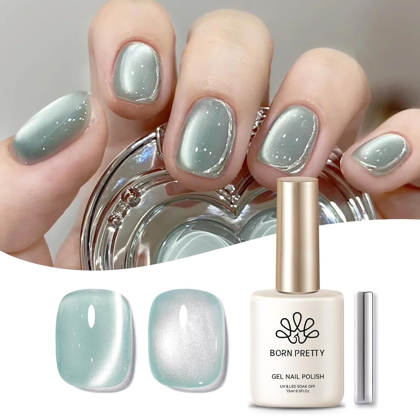 Born Pretty Cat Magnetic Eye Gel Nail Polish, Green Moonlight Cat Magnetic Gel, Glass Shiny Effect Green Soak Off Nail Art Salon Manicure Home Gift 15ml-Velvo Beauty