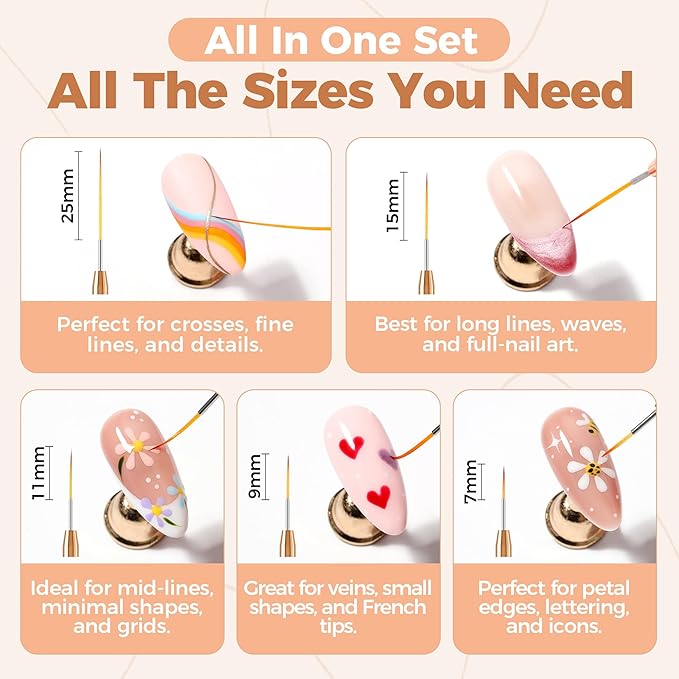 UNA GELLA Nail Art Brushes Metallic, Liner Pens Set For Nail Art Gel Polish, 5Pcs White Color, Detail Nail Art Design Painting Brush Set For Nails Gel Fine Drawing Nail Tools, Sizes 7/9/11/15/25mm-Velvo Beauty