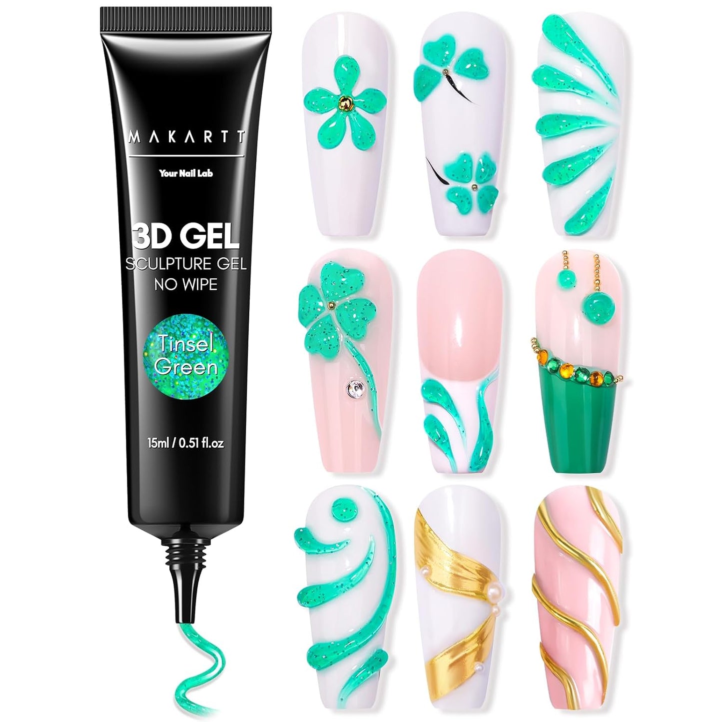 Makartt 3D Gel Nail Art- 3D Nail Gel Sculpting Gel for Nail Designs 15ml 3 in 1 No Wipe Polish for Drawing Carving Nails Molding Gels for Nail Decoration Charms- Tinsel Green-Velvo Beauty