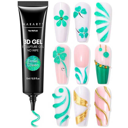 Makartt 3D Gel Nail Art- 3D Nail Gel Sculpting Gel for Nail Designs 15ml 3 in 1 No Wipe Polish for Drawing Carving Nails Molding Gels for Nail Decoration Charms- Tinsel Green-Velvo Beauty