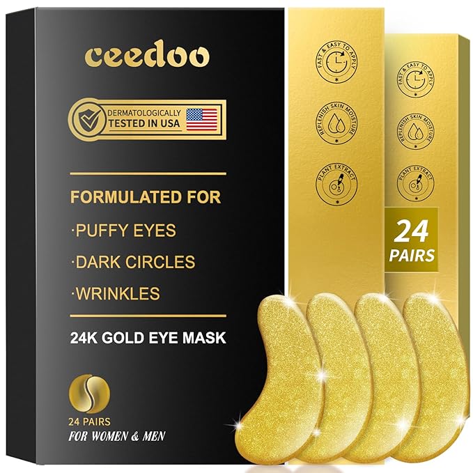 Eye Gel Pads - 24 Pairs Golden Under Eye Patches with Collagen & Hyaluronic Acid, Anti-Aging Eye Mask for Puffiness, Dark Circles & Wrinkles, Relieve, Refreshing & Revitalize Skin-Velvo Beauty