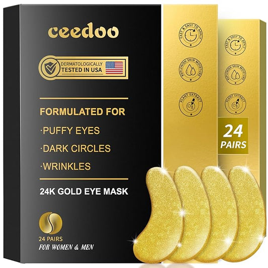 Eye Gel Pads - 24 Pairs Golden Under Eye Patches with Collagen & Hyaluronic Acid, Anti-Aging Eye Mask for Puffiness, Dark Circles & Wrinkles, Relieve, Refreshing & Revitalize Skin-Velvo Beauty