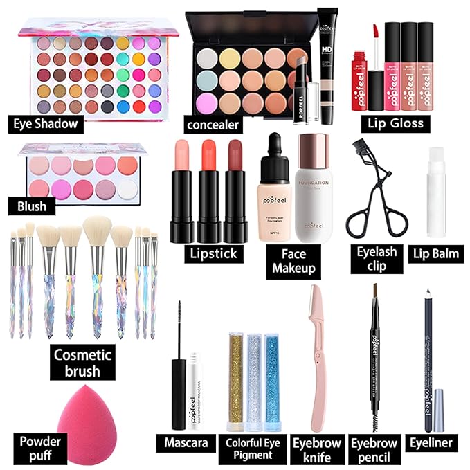 All in One Makeup Kit For Beginners Full Kit, Full Makeup Kit For Teen Girls, Makeup Gift Set, Include Eyeshadows, Concealer, Cosmetic brush, Lip Gloss, Lipstick, Powder puff, Mascara -007-Velvo Beauty