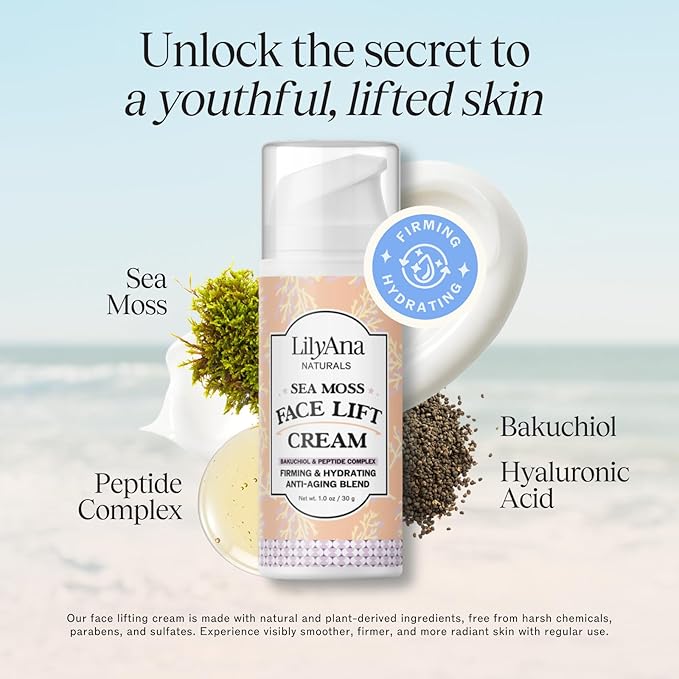 LilyAna Naturals Bakuchiol Face Lift Cream with Sea Moss and Peptide Complex - Face Cream for Women - Moisturizing and Lifting Facial Cream - Anti-Aging Overnight Moisturizer - Made in the USA - 1 oz-Velvo Beauty