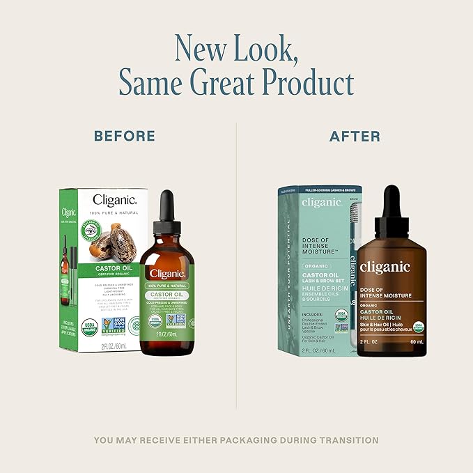 Cliganic Organic Castor Oil, 100% Pure (2oz Glass Bottle with Eyelash Kit) - For Eyelashes, Eyebrows, Hair & Skin (Packaging May Vary)-Velvo Beauty