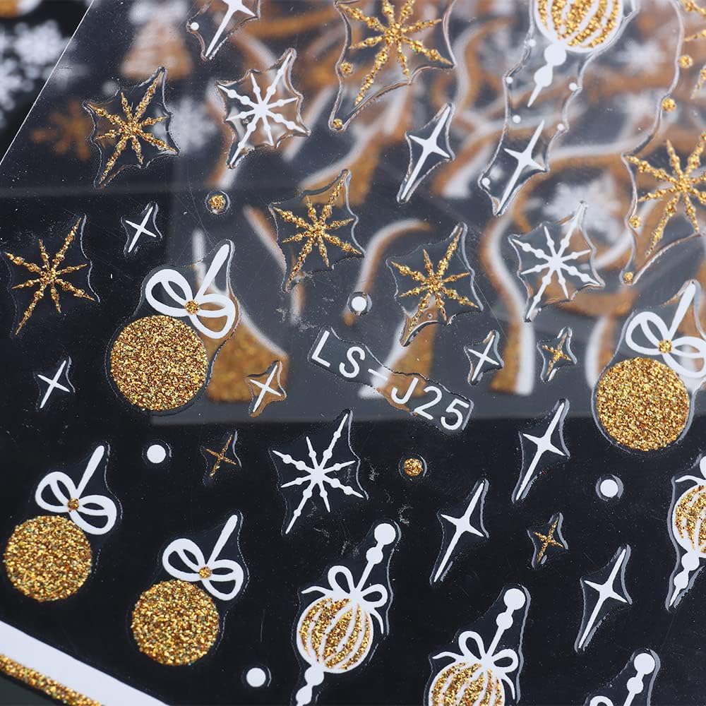 8 Sheets Christmas Glitter Nail Art Stickers Decals Self-Adhesive Pegatinas Uñas Holiday Gold Silver Reindeer Line Snowflake Nail Supplies Nail Art Design Decoration Accessories-Velvo Beauty