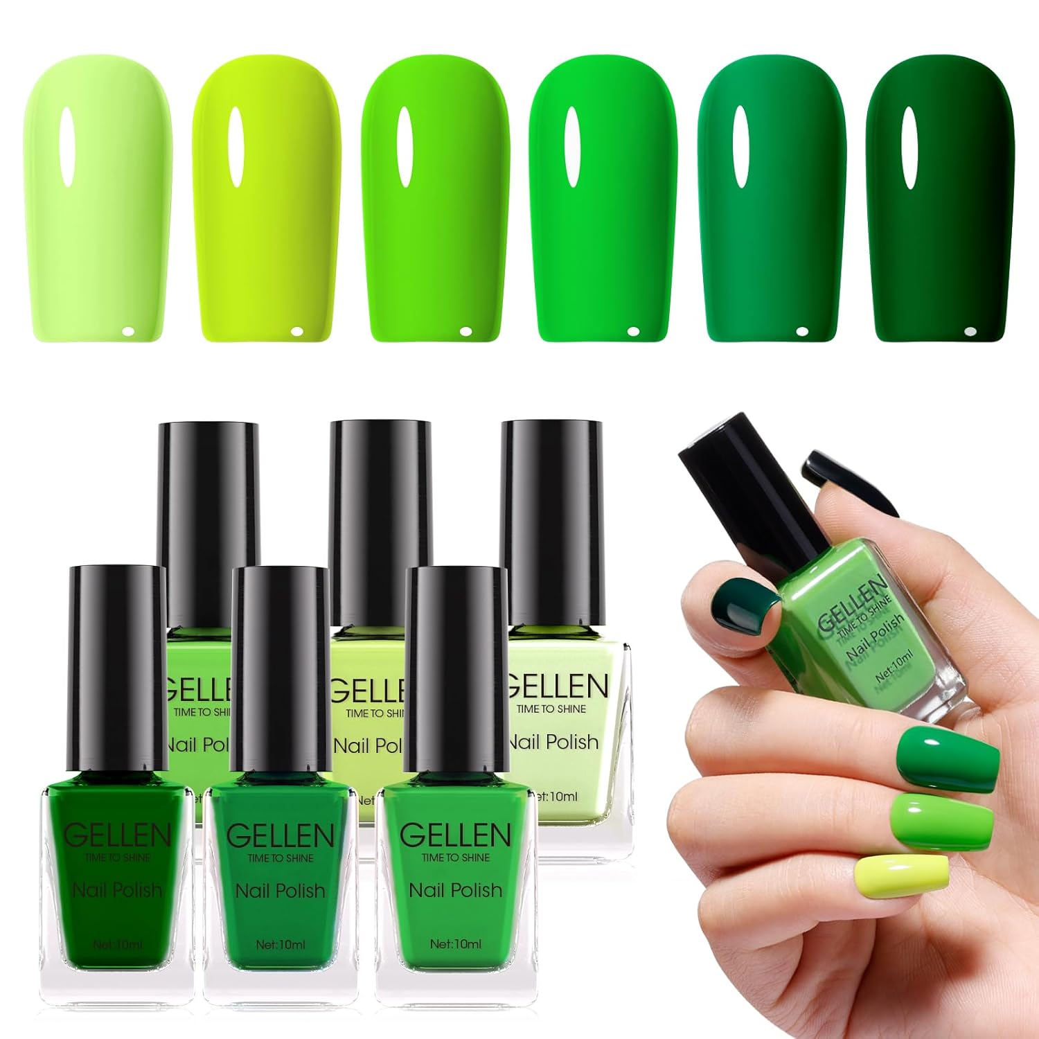 GELLEN Green Regular Nail Polish Non Gel, Fast Air Drying Full Size Green Nail Polish No UV Light Needed Spring Summer Dark Light Grass Forest Jungle 6 Colors Set for Women Manicure St. Patrick's Day-Velvo Beauty