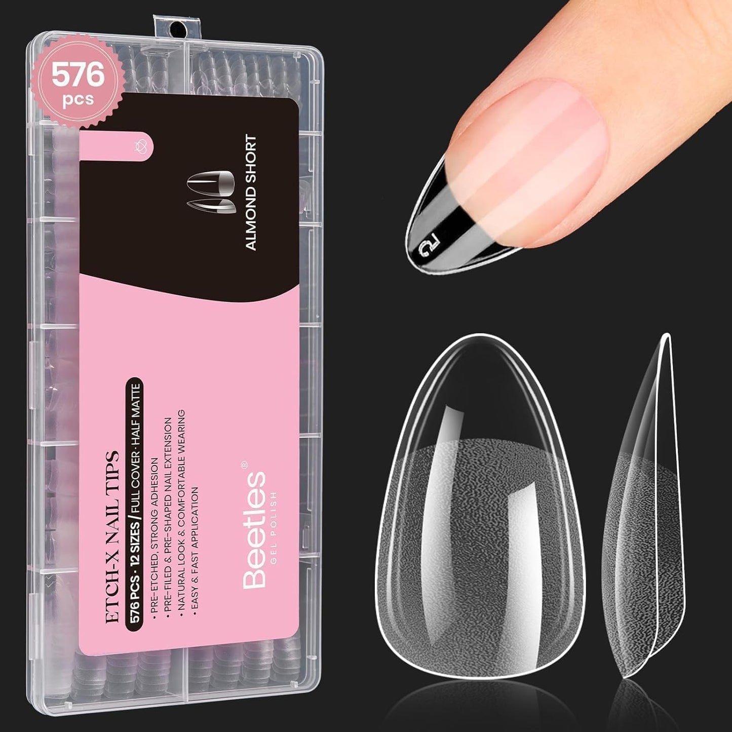 Beetles Gel Nail Tips 576Pcs Pre-shape Short Almond Etch-X Nail Tips,12 Sizes Soft Nail Tips Half Matte False Nails for Fall Nails Full Cover Press On Nail Nail Extensions Set for Women-Velvo Beauty