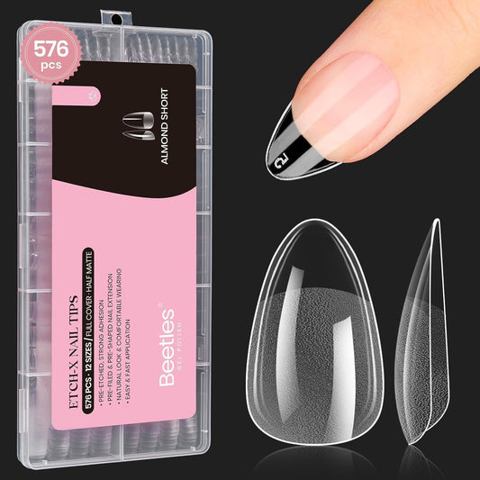 Beetles Gel Nail Tips 576Pcs Pre-shape Short Almond Etch-X Nail Tips,12 Sizes Soft Nail Tips Half Matte False Nails for Fall Nails Full Cover Press On Nail Nail Extensions Set for Women-Velvo Beauty