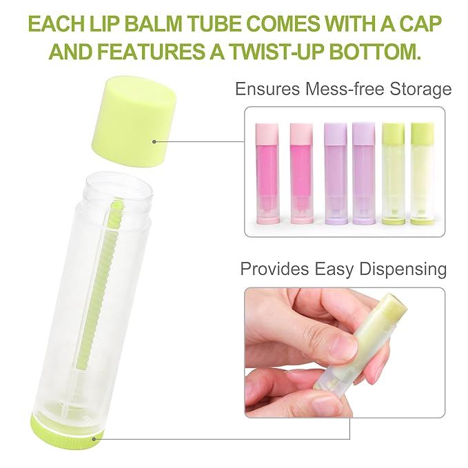 LotFancy Lip Balm Tubes Empty, 60PCS 5.5ml (3/16 Oz), Clear Lip Balm Container Tubes with Green Caps, BPA Free & Leak Free, Refillable-Velvo Beauty