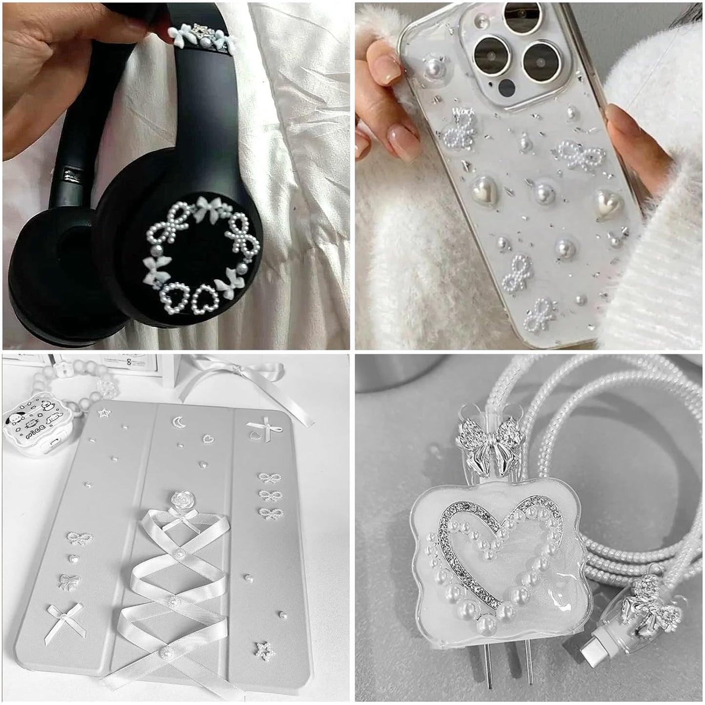 Nail Art Pearls with Glue Gel Flatback Pearls White Bow Nail Charms Heart Butterfly Nails Gems Pearls Accessories for Women Nails Design Decoration-Velvo Beauty