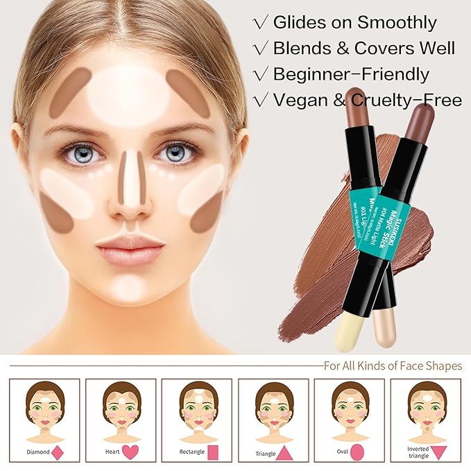 Contour Stick, 2Pcs Dual-Ended Highlighter Makeup Pen & Contouring Stick for Face Shaping, Long Lasting Waterproof Cream Bronzer & Highlight Sticks Make Up Kit for All Skin Tones (01# + 04#)-Velvo Beauty
