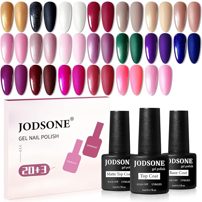 JODSONE 20 Glitter Color Gel Nail Polish Kit 3 Bottles of No Wipe Base Coat Glossy and Matte Top Coat Gel Polish Set High Shine Gorgeous-Velvo Beauty