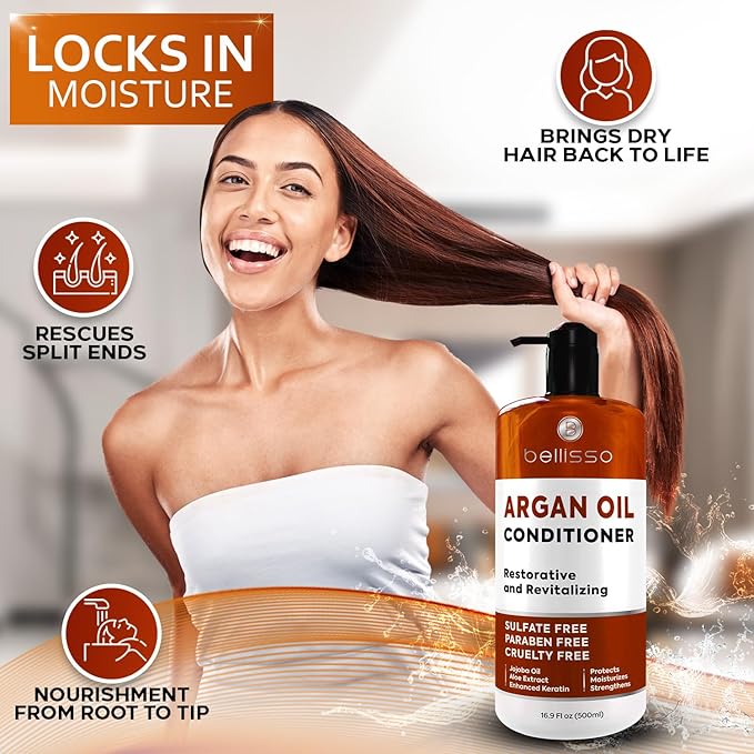 Argan Oil Conditioner - Sulfate Free with No Parabens - Moroccan Botanicals for Women and Men - Professional Moisturizing, Anti Frizz, Hydrating Solution for Dry, Wavy, Curly and Color Treated Hair-Velvo Beauty
