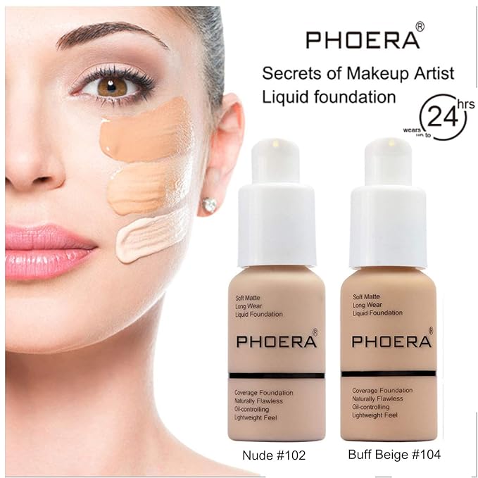 2 Pcs Phoera Foundation Makeup 102 and 104 Liquid Full Coverage 24HR Matte Oil Control Foundation Makeup Concealer (Nude & Buff Beige) with Kabuki Foundation Brush Flat Top-Velvo Beauty