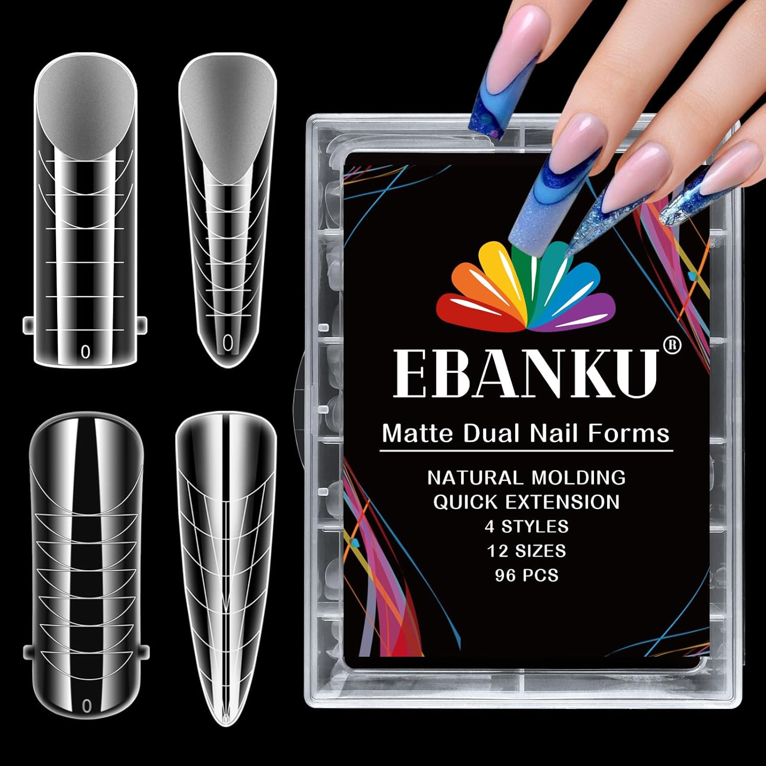 EBANKU Clear Matte Poly Gel Nail Forms 4 Styles, 96PCS Dual Nail Forms Full Cover Nail Mold Tips Acrylic Nail Extension Tools 12 Sizes Scale for Poly Gel Nail Art Salon Nails Design-Velvo Beauty