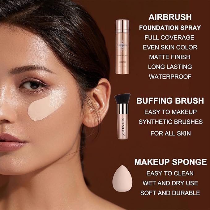 AirBrush Foundation Spray Set, Spray Foundation Makeup and Hydrating Face Primer Kit, Longwear Waterproof Liquid Matte Foundation Mist for Flawless Look, Brush and Sponge Include (#6 Sunny Beige)-Velvo Beauty
