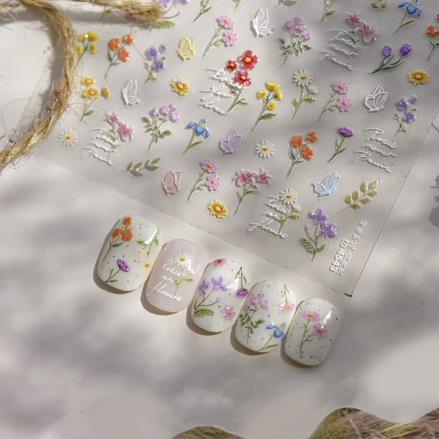 Flowers Nail Art Stickers for Acrylic Nails Colorful Flower Nail Decals 5D Embossed Self Adhesive Daisy Nail Sticker with Butterfly Designs Nail Stickers Spring Cute Floral Nail Decal for Women-Velvo Beauty