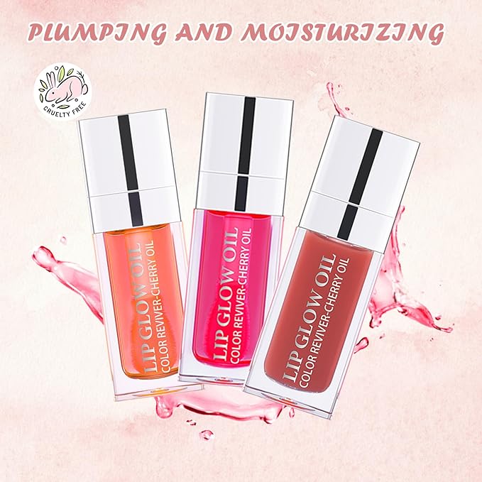 3PCS Lip Oil Set, Hydrating Lip Glow Oil Lip Plumper Gloss, Tinted Lip Oils Transparent Long Lasting Non-sticky Lip Gloss, Plumping Lip Gloss Lip Care Kit (Pink & Rosewood & Cherry)-Velvo Beauty