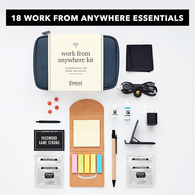 Pinch Provisions Work from Anywhere Kit, Includes 18 Essentials to Help You Stay on Task, Must-Have Essentials, Compact Multi-Functional Vegan Leather Pouch, Navy-Velvo Beauty