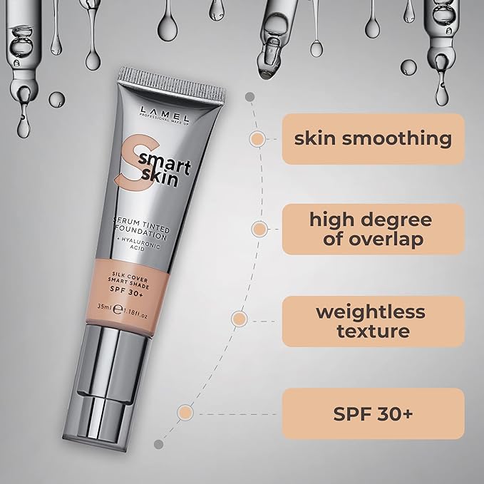 LAMEL Smartskin Serum Tinted Foundation - Hydrating & Nourishing - Hypoallergenic & Skin-Caring - Color Correcting - Anti-Aging Formula with Hyaluronic Acid - 401, 1.18 fl.oz-Velvo Beauty